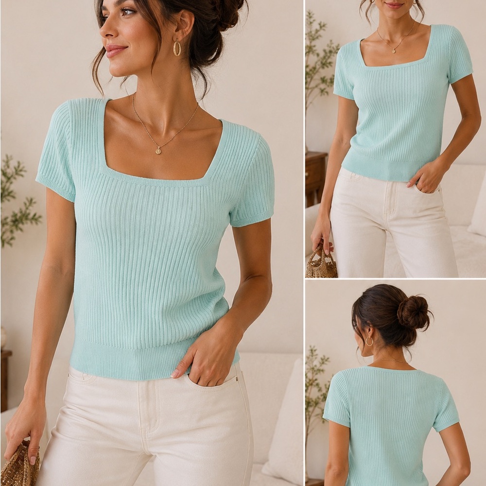 Seafoam Ribbed Square Neck Knit Top - Women
